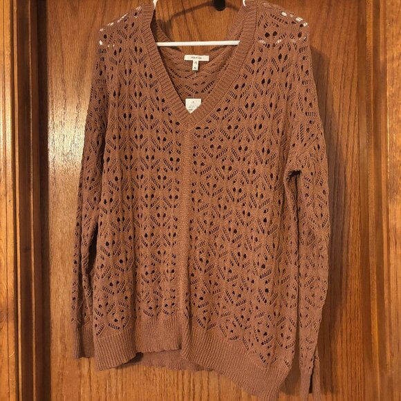 Open Knit V Neck Sweater XL, Rust Brown - Picture 1 of 3